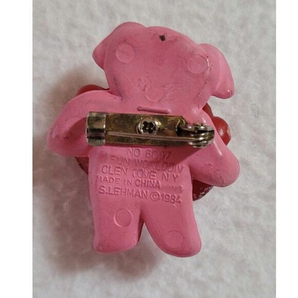S Lehman 1984 Pink Pig Holding Hearts Glitter Brooch Pin Kawaii Twee Eclectic - Picture 5 of 8